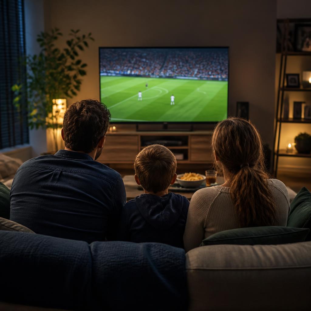 Gezin kijkt samen naar een voetbalwedstrijd op televisie in een woonkamer.